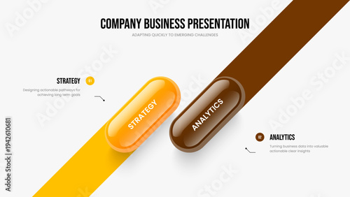 Professional Performance Two Option Diagram Slideshow Template. Service Showcase 2 Step Infographic Frame Layout. Modern Growth Presentation Design Vector Illustration.