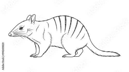 Numbat illustration: A detailed black and white illustration of a Numbat, showcasing its distinctive striped back and slender features.