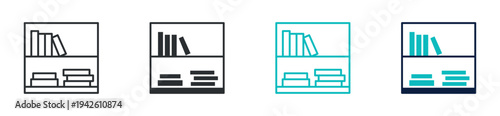 Bookshelf icon set, library shelf with books reading education storage symbol, outline and solid and color style. Vector illustration.