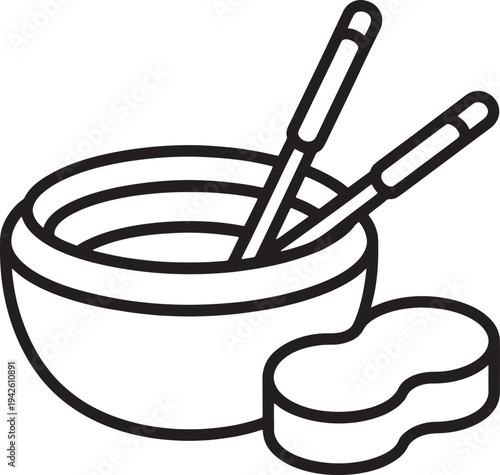 Bowl with chopsticks and sponge in line art style vector illustration on transparent background