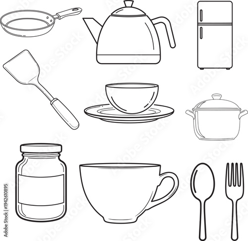 Easy Kitchen Objects Drawing  Cup, Plate, Pot, Spatula, Jar Sketch