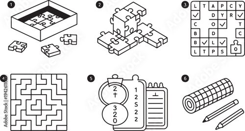 Collection of six icons related to jigsaw puzzles and brain games activity