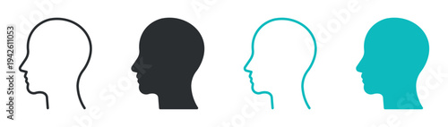 Human head profile icon set, person side face silhouette identity or thinking symbol, outline and solid and color style. Vector illustration.