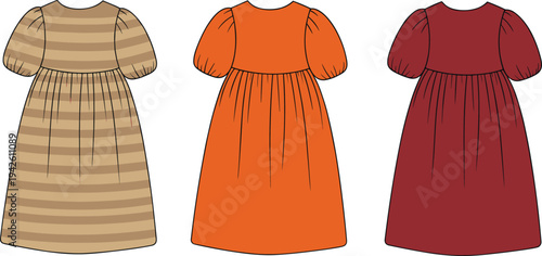 Women's casual baby doll dress technical fashion sketch with puff sleeves and a gathered skirt, perfect for design templates and concepts.