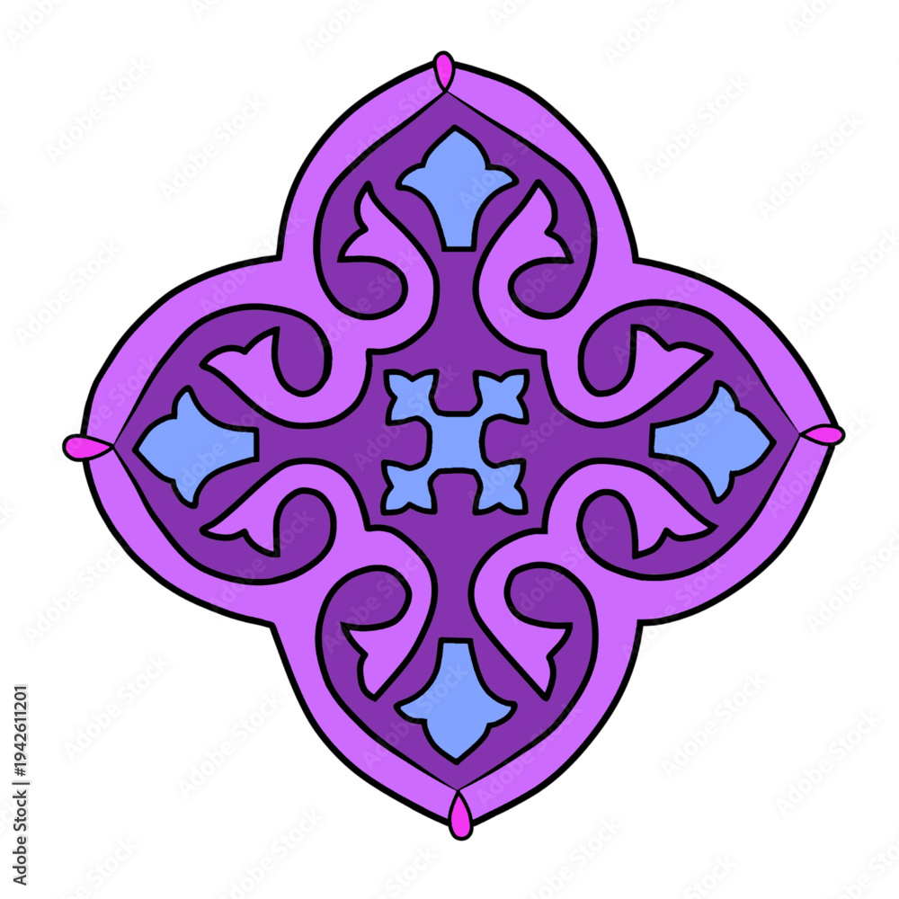 Naklejka premium A symmetrical, ornate design featuring interlocking purple and light blue shapes.