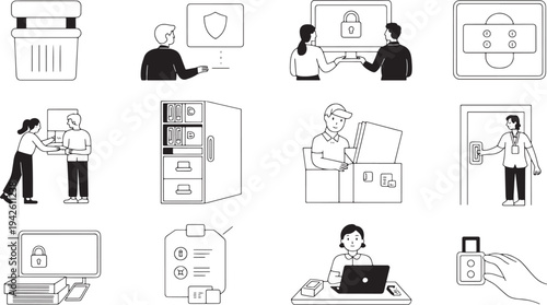 Data security and information management icons showing people working with digital technology