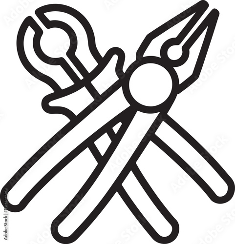 Crossed pipe wrench and pliers tools in line art style vector illustration on transparent background