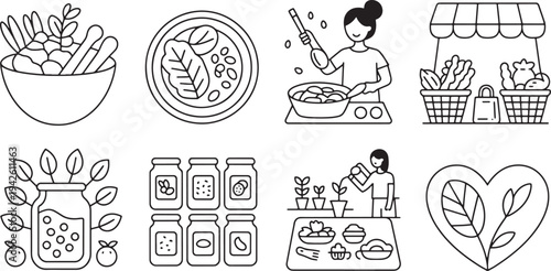Healthy food and lifestyle line art illustrations set for culinary blogs and recipe websites