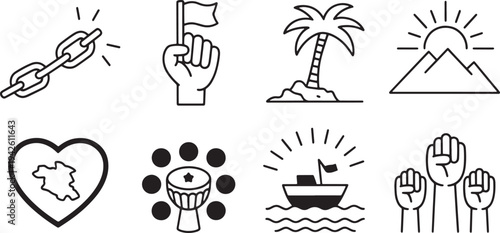 Juneteenth freedom day and black history celebration outline icons set independence day american holiday symbols