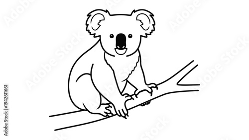 Cute Koala in a Tree: A charming line drawing of a koala perched on a tree branch, capturing the endearing essence of this beloved marsupial. 