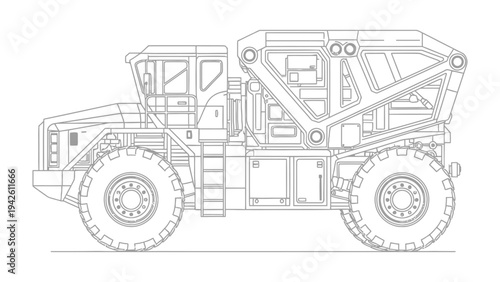 Industrial Powerhouse: A meticulously rendered line drawing showcases a heavy-duty industrial vehicle, emphasizing its robust design, sturdy build, and intricate components.