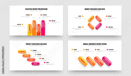 Service Strategy Four Element Diagram Slideshow Layout Vector Illustration Bundle. Modern Visualization 4 Step Infographic Presentation Template Collection.