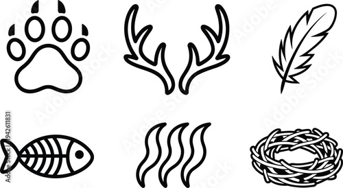 Wildlife nature icon set vector illustration including animal paw, deer antlers, feather, fish bone, water waves and bird nest outline symbols collectionPrint