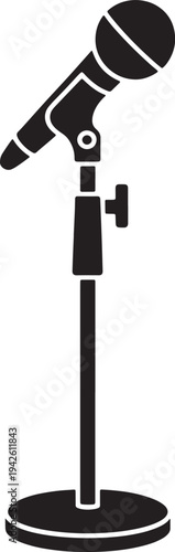 Microphone on adjustable floor stand solid silhouette icon for stage performance and podcast