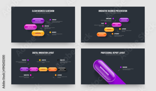 Modern Profile Three Four Five One Element Diagram Presentation Layout Vector Illustration Collection. Sales Strategy 3 4 5 1 Step Infographic Slide Design Set.