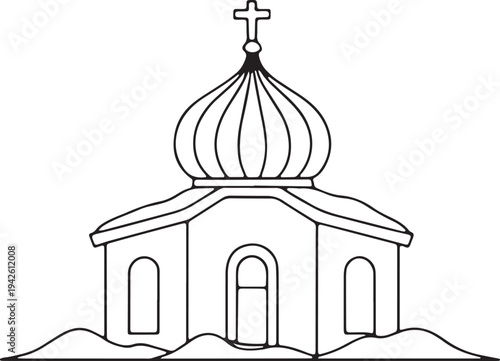 Orthodox church building with dome and cross outline drawing, religious architecture vector art