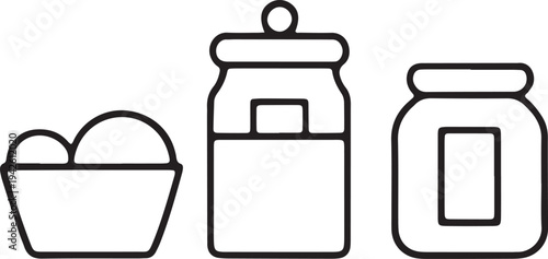 Outline collection of kitchen jars and bowl with food items, simple food containers on transparent background