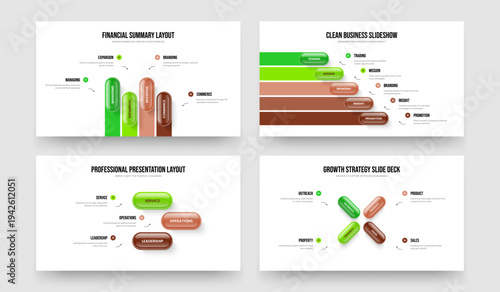 Marketing Innovation 4 5 3 Step Infographic Slide Template Set. Creative Profile Four Five Three Element Diagram Slideshow Layout Vector Illustration Collection.