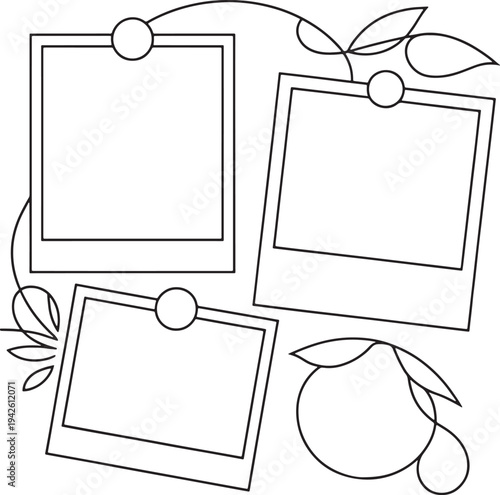 Picture frames with leaves and circles in line art style for photo collage vector illustration