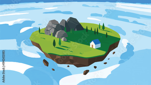 Illustration Of An Adventurer Standing On A Small Island Floating In The Middle Of A Blue Sky Vector Design Template