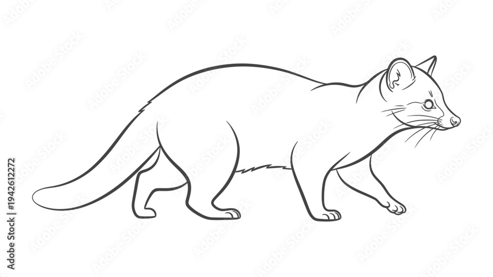 Fototapeta premium Civet Cat Silhouette: A minimalist outline of a civet cat, capturing its lithe form as it gracefully strides across a plain surface. 