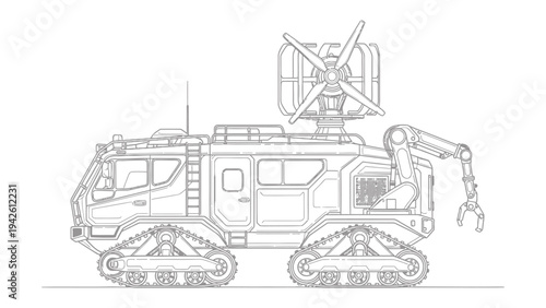 Scientific Exploration Vehicle: A detailed illustration of a futuristic, heavy-duty vehicle designed for scientific exploration, equipped with advanced technology and robust capabilities.