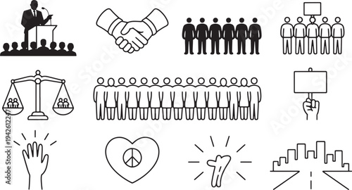 Set of human rights icons people justice equality protest peace and community symbols vector