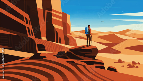 Illustration Of An Adventurer Standing On Top Of A Sand Dune Vector Design Template