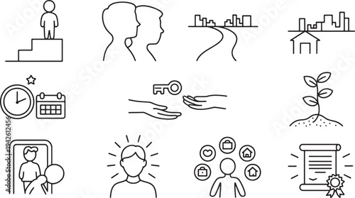 Success path achievement key house development time self realization goal icons set line style