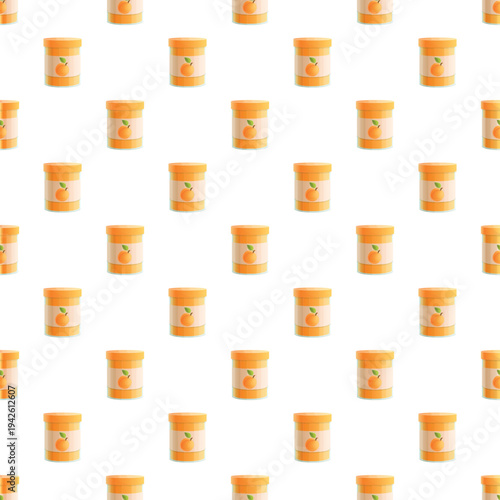 Orange fruit jam jars forming a repeating seamless pattern on a white background