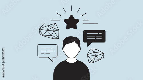 A man with a creative idea and thoughts represented by speech bubbles and geometric shapes.