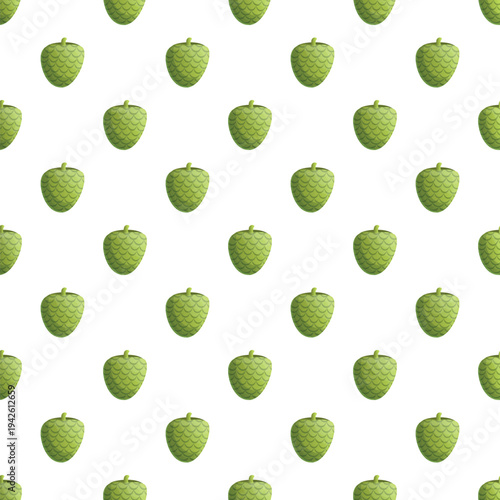 Custard apple fruits arranging as a green tropical seamless pattern