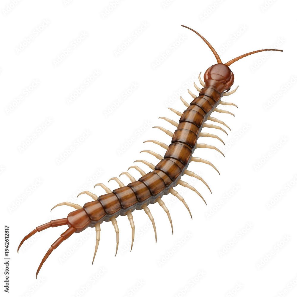 Obraz premium Long brown centipede with many legs and antennae isolated on a transparent background insect arthropod