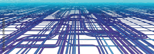 A futuristic cityscape unfolds with sleek technology infrastructure lines stretching far into the distance under a vibrant blue sky.