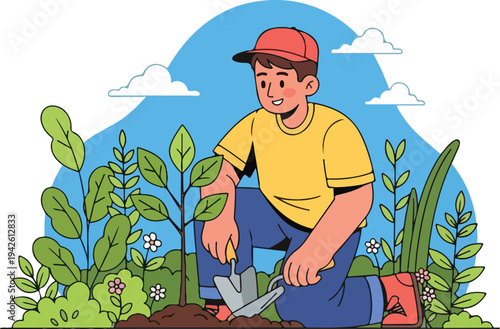 Man planting green plant in garden with shovel outside on sunny day with cap