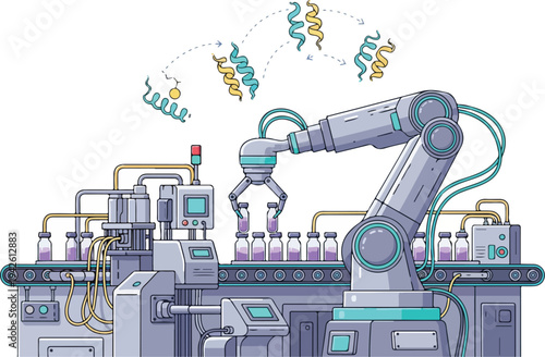 A robotic arm assembles vials in a laboratory setting with DNA strands floating above.