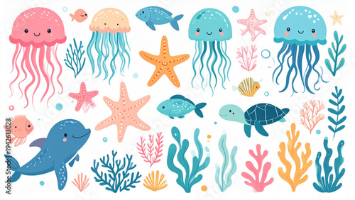 Cute sea creature vector set with jellyfish starfish coral seaweed and smiling underwater animals isolated on white background for nursery ocean designs