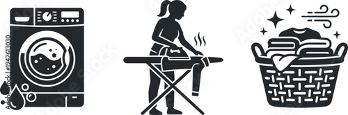 Laundry Service and Home Chores with Washing Machine Woman Ironing Clothes and Laundry Basket Icons