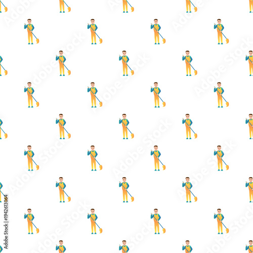 Seamless pattern featuring a cleaner holding a mop, representing hygiene and service
