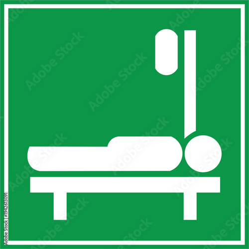 Green hospital sign icon of patient on bed with intravenous therapy drip for medical emergency care