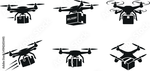Autonomous Drone Delivery Service with Flying Quadcopters Carrying Packages Silhouette Icons Set