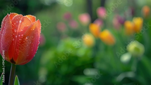 Close-up of orange tulip with water droplets on petals, others blurred in background