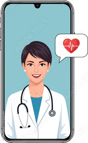 Friendly doctor on phone with heart health message vector illustration
