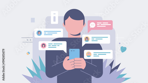 A man holding a smartphone with multiple chat bubbles and speech bubbles surrounding him, illustrating online communication and social media interaction.