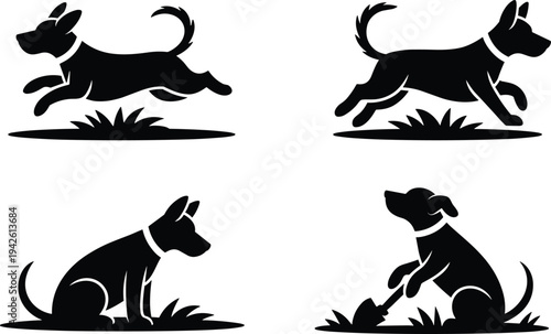 Black dog silhouette set showing running, walking, sitting and digging poses on grass, simple vector style animal icons isolated for pet logo clipart design