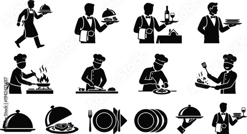 Professional Waitress Serving Food and Chef Cooking on Stove Silhouette Vector Icons