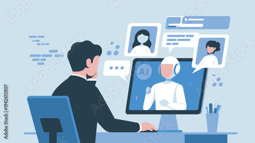 A man interacts with an AI on his computer, surrounded by chat bubbles with other people.