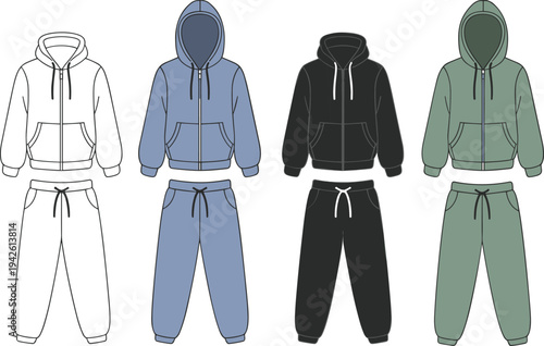 
Unisex classic hoodie and sweatpants tracksuit technical fashion drawing with a full zip, drawstrings, and kangaroo pockets for design templates.