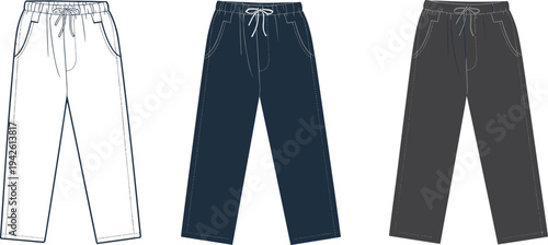 Unisex wide-leg sweatpants technical fashion drawing template with a relaxed fit, elastic waistband, and side pockets for design reference.