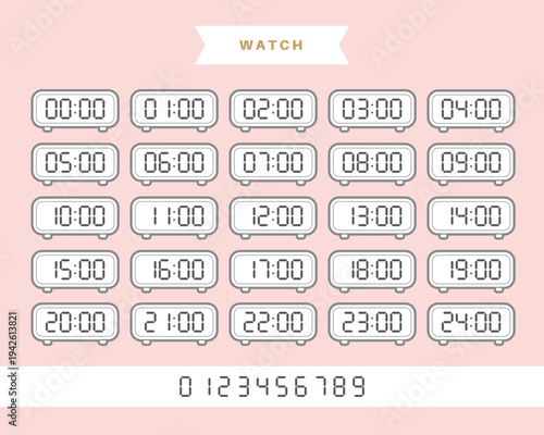 Complete Digital Clock Set from 00:00 to 24:00: Vector Illustration of Minimalist Alarm Clocks with Numeric Font for Schedule, Time Management, and UI Design
